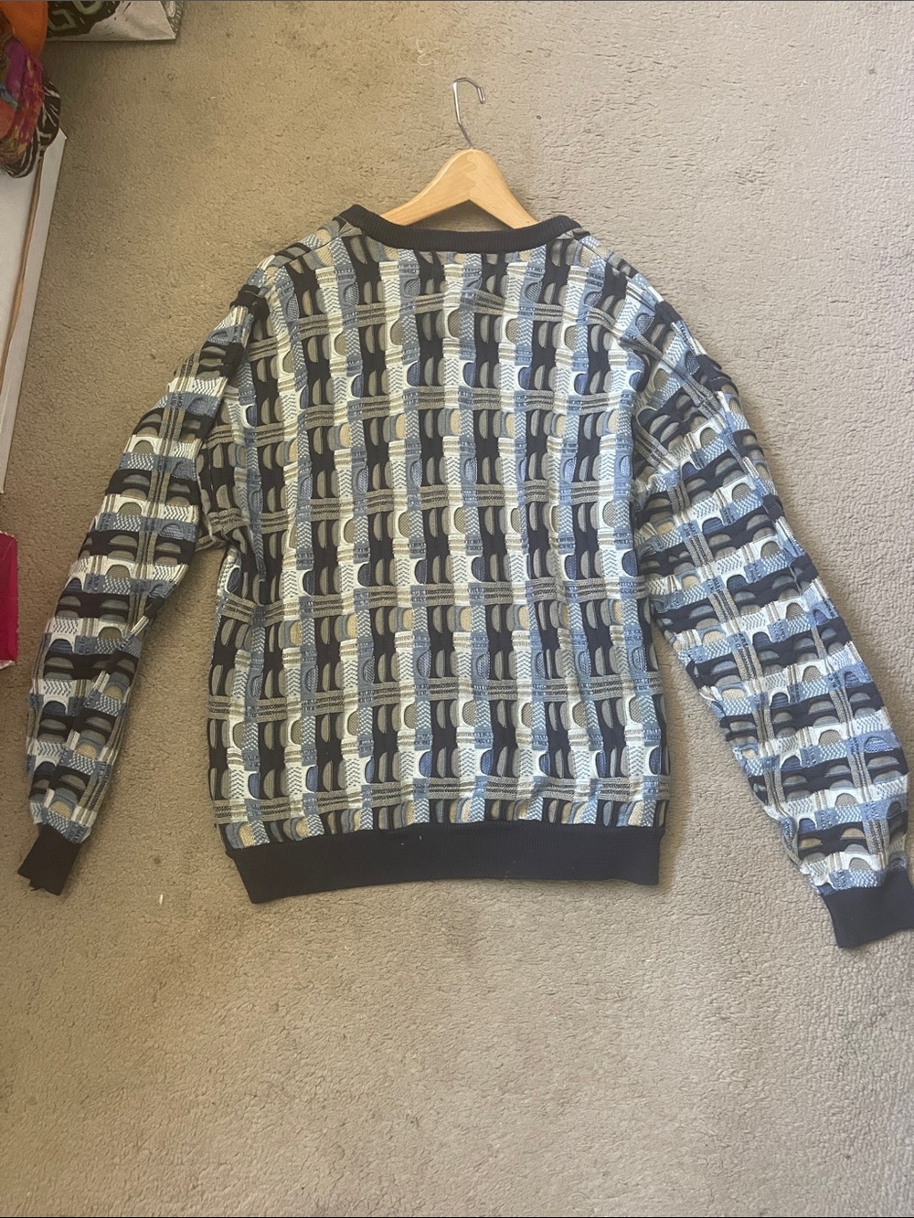 J Simon Men's Patterned Knit Sweater - Black, Taupe &Light Blue -Size XL
